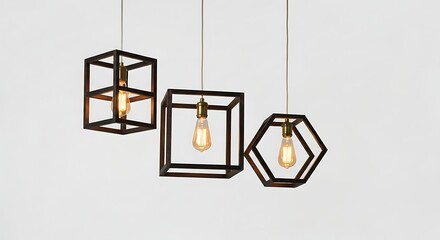 Three modern black geometric pendant lights with vintage Edison bulbs hanging against a plain background.