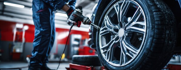 The Wheel Being Serviced by a Mechanic Using an Impact Wrench in a Garage