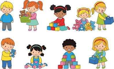 Cartoon children playing, toy blocks, teddy bears, early learning, playful kids, preschool activity, vector illustration, childhood fun
