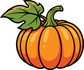 Vibrant pumpkin illustration with green leaf for autumn designs