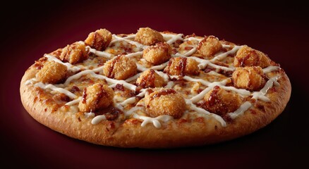 Gourmet pizza with golden crispy chicken pieces, drizzle, and white sauce on dark background