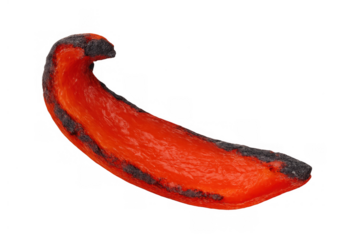 Roasted red bell pepper piece with charred skin, cooking ingredient for healthy food recipes, transparent background