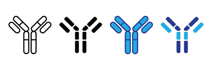 Immunology icon set showing antibody structure variations: outline, solid black, solid blue, and gradient blue, symbolizing medical research and immune response isolated on white background