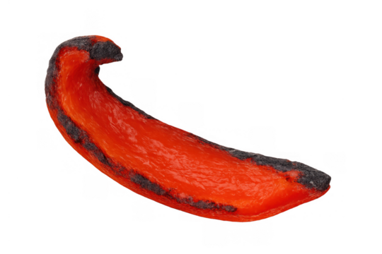 Roasted red bell pepper piece with charred skin, cooking ingredient for healthy food recipes, transparent background