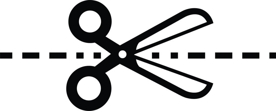 Scissors cutting dashed line black silhouette icon, vector symbol for coupon, discount, voucher, cutting instruction, paper craft, and hairdressing graphic