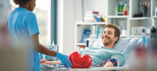 The man donating blood smiles while a nurse holds a heart shaped cushion