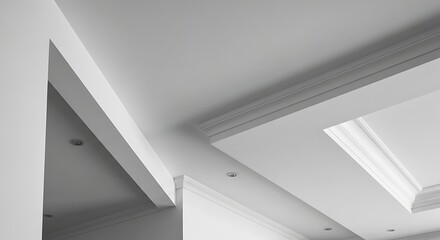 Obraz premium Interior view of a modern ceiling with intricate crown molding and recessed lighting.
