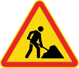 Road construction warning sign with worker shoveling material Vector
