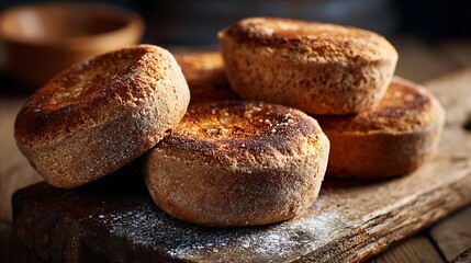 Rustic artisanal bread loaves dusted with flour on a wooden board.