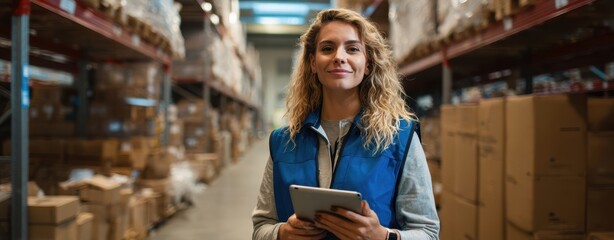 The warehouse worker using a tablet in a busy industrial storage facility smiling confidently