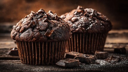Delicious chocolate muffins with chocolate chips on rustic wood.