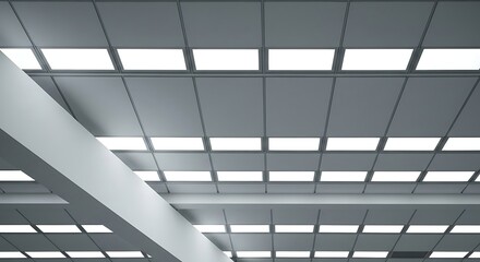 Office ceiling with square recessed lighting panels and gray grid structure.