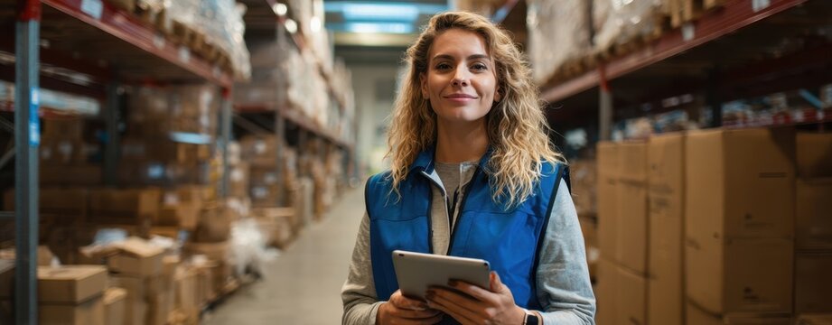 The warehouse worker using a tablet in a busy industrial storage facility smiling confidently