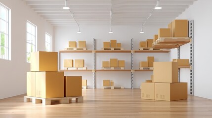 Modern and Spacious Warehouse Interior with Stacked Brown Cardboard Boxes on Shelves and Pallets in Bright and Well-Lit Room