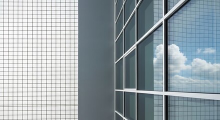 A close-up view of a modern building's facade, featuring a grid pattern on one side and reflective glass windows on the other.