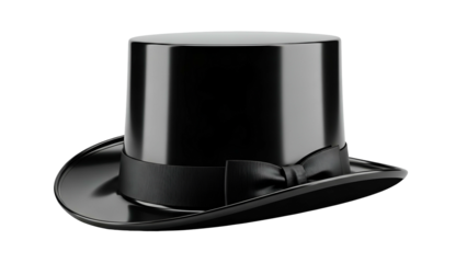 Glossy black top hat with ribbon, angled, on a dark background
