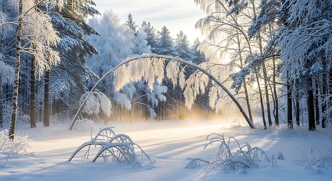 Snowy forest path with sunlit mist