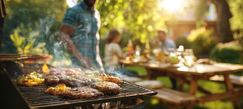 The grill sizzling burgers and vegetables at a sunny backyard family barbecue gathering