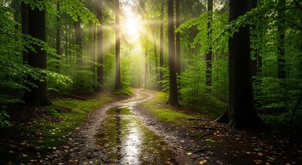 Fototapeta premium Sunlight shining through misty forest path