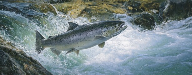 The Salmon Leaping Upstream Through Rocky Rapids in Clear Mountain River