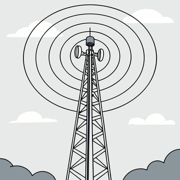 Communication tower with broadcast waves and clouds cell tower broadcast tower