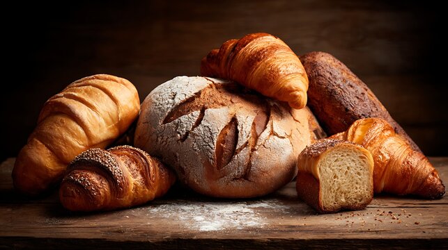 Artisan bread and croissants assortment on wooden table.