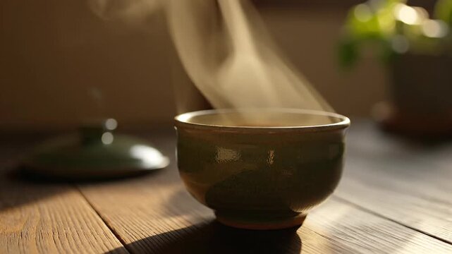 Steaming drink in green ceramic bowl on wood table