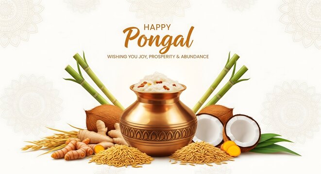 Happy pongal festival celebration with traditional pot and harvest ingredients
