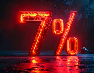 Illuminated, neon-style, 3D numbers indicating "7%" against a dark, textured background and reflective floor. Intense red glow