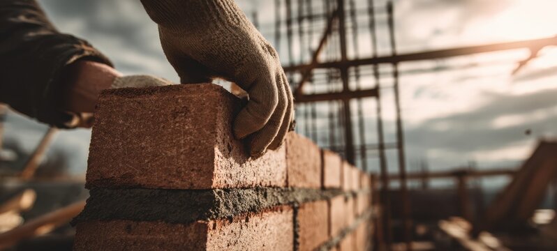 The Brick Wall Being Built by a Gloved Worker at a Construction Site Sundown