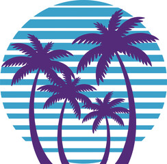Retro 80s vaporwave palm tree silhouettes and striped sun circle vector, vintage tropical beach sunset aesthetic, synthwave and Miami Vice graphic