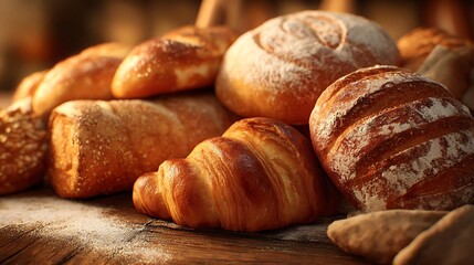 Artisan bread and croissants freshly baked on wooden surface.