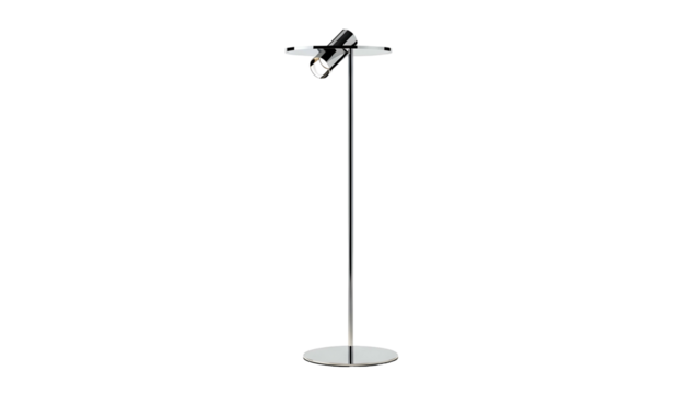Sleek, tall floor lamp with adjustable spotlights, on a circular base
