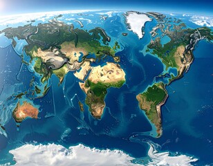 High Detail 3D World Map View from Space with Topography and Ocean Relief