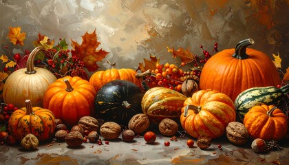 A vibrant autumnal still life featuring an array of pumpkins, gourds, walnuts, and foliage set against a warm-toned, textured backdrop