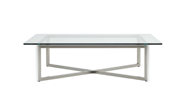Modern, rectangular coffee table with a glass top and crossed leg design