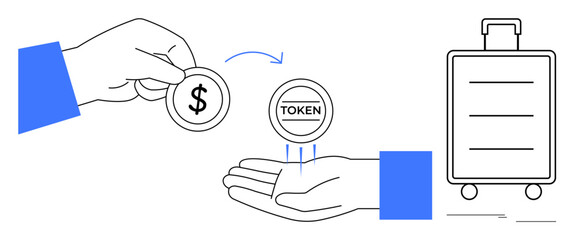 Hand exchanging money token into hand receiving token, connected luggage. Ideal for travel, payment, exchange, convenience, service, transaction, simple flat metaphor
