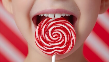 Close-up of a girl’s open mouth with a shiny red spiral lollipop, teeth and pink tongue visible, set against a blurred pink-red background. Playful and sweet.
