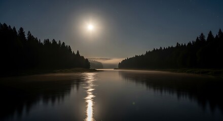 Moonlit river flowing through dark forest