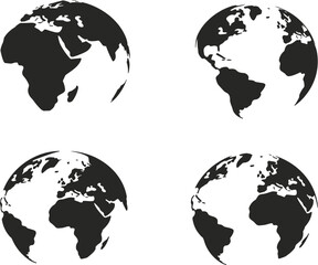 Earth globe black silhouette icon set, vector collection of world map views in 3D rotation, global travel, international business, and connectivity concepts