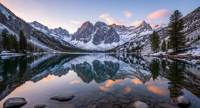 Snowy mountain reflection in alpine lake