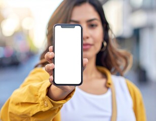 Woman Holding Smartphone with Blank Screen Outdoors Mobile App Mockup Concept