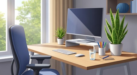Fototapeta premium Bright and Organized Home Office Setup with Natural Light.