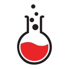 Illustration of a round bottom flask with red liquid and black bubbles on a white background