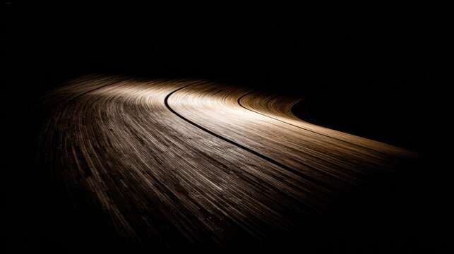 velodrome. Close-up of polished wooden velodrome track curve, spotlight on wood grain. event key visuals, club posters, designed for fitness apps and gym onboarding, used by fitness trainers. - Powered by Adobe