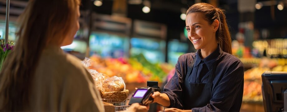 The Cashier Assisting a Customer With Contactless Payment at a Bright Grocery Checkout
