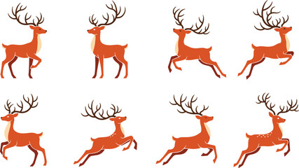 Cartoon reindeer poses, festive deer, jumping, standing, antlers, winter animal, holiday illustration, vector set, cute wildlife, seasonal clipart © rakib's world