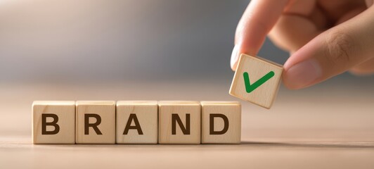 The Brand Wooden Blocks with Green Checkmark Symbolizing Verified Trust and Quality