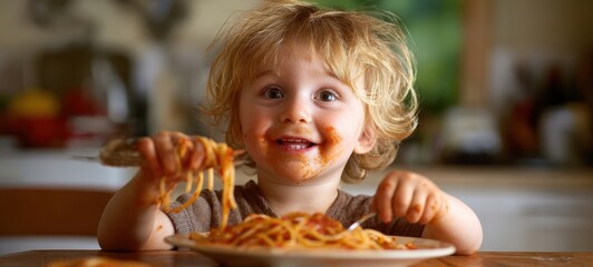 The toddler eating messy spaghetti with sauce covered face and joyful expression at table