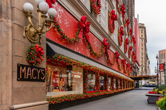New York, NY, US-November 11, 2024: The famous Macy's department store in lower Manhattan decorated for the Christmas holiday season.